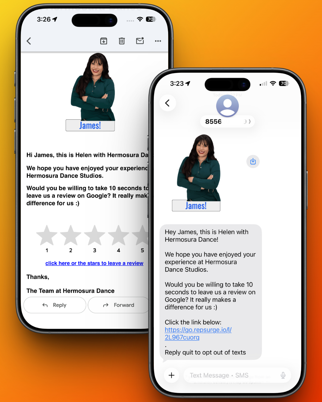 Automated review request text message sent to a real customer